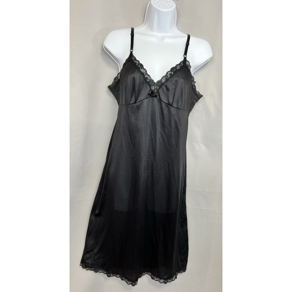 Vintage Legg's Long 100% Nylon Black Night Gown Size 36 Lace Bottom Y2K